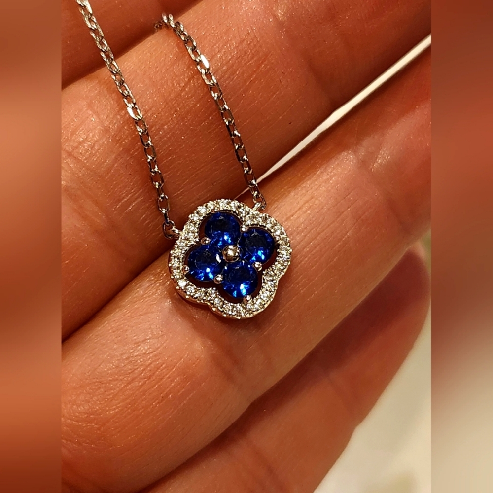Fashion Clover Design. Spring Blossom.S925 Sterling Blue Moissanite stone.